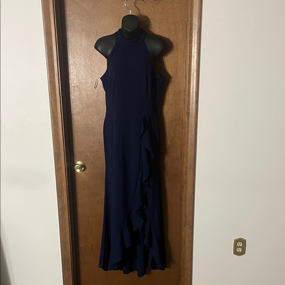 WOOSEA Navy Blue Halter Neck Maxi Dress with Ruffle Hem – Size L - Picture 1 of 9